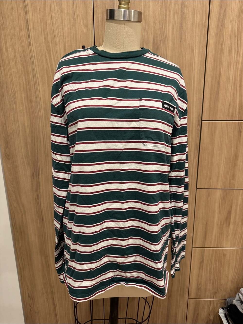 Miu Miu Green White Burgundy Striped Long-Sleeve Pocket Tee